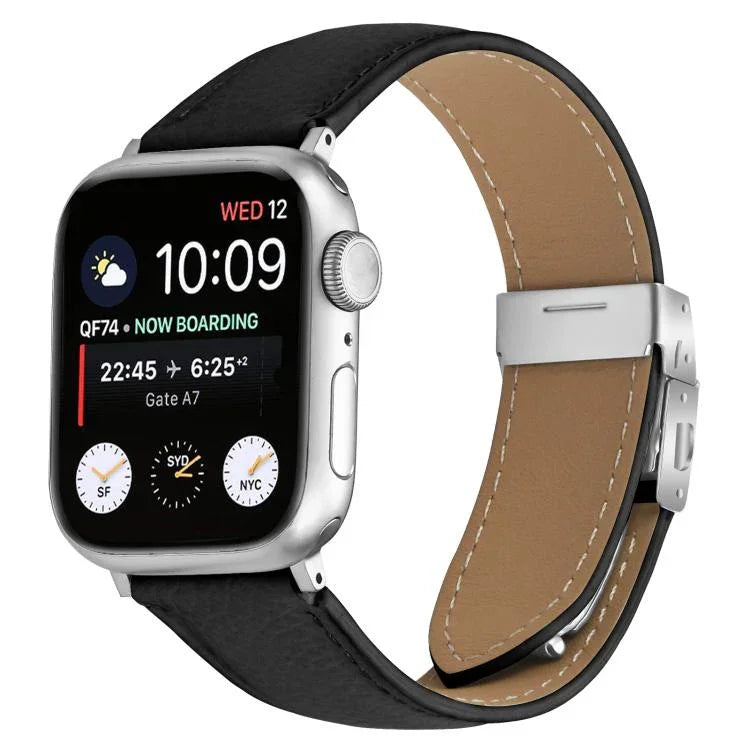 Pulseira de Relógio em Pele com Textura de Lichia e Fivela Tartaruga Prateada, Para Apple Watch 46mm / 49mm / 45mm / 44mm, Para Apple Watch 42mm / 41mm / 40mm / 38mm