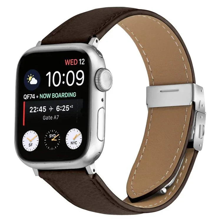 Pulseira de Relógio em Pele com Textura de Lichia e Fivela Tartaruga Prateada, Para Apple Watch 46mm / 49mm / 45mm / 44mm, Para Apple Watch 42mm / 41mm / 40mm / 38mm