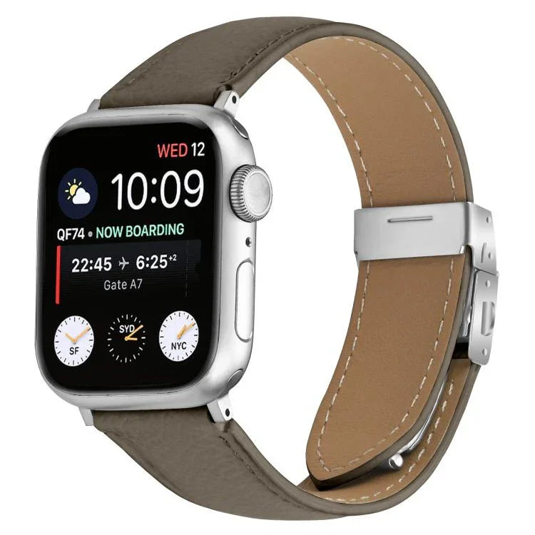 Pulseira de Relógio em Pele com Textura de Lichia e Fivela Tartaruga Prateada, Para Apple Watch 46mm / 49mm / 45mm / 44mm, Para Apple Watch 42mm / 41mm / 40mm / 38mm