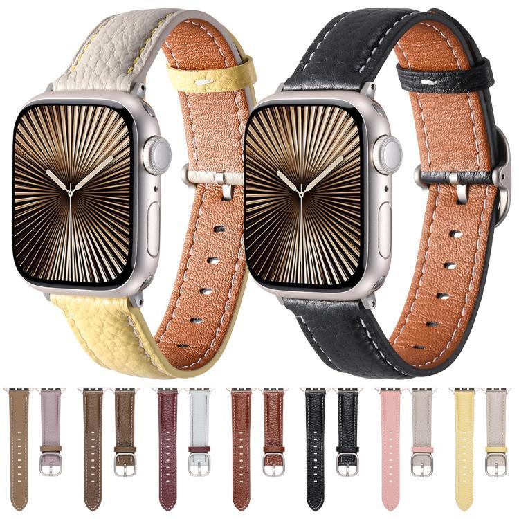 Correia de Relógio em Pele Genuína com Textura Litchi e Fivela Quadrada, Para Apple Watch 46mm / 49mm / 45mm / 44mm, Para Apple Watch 42mm / 41mm / 40mm / 38mm