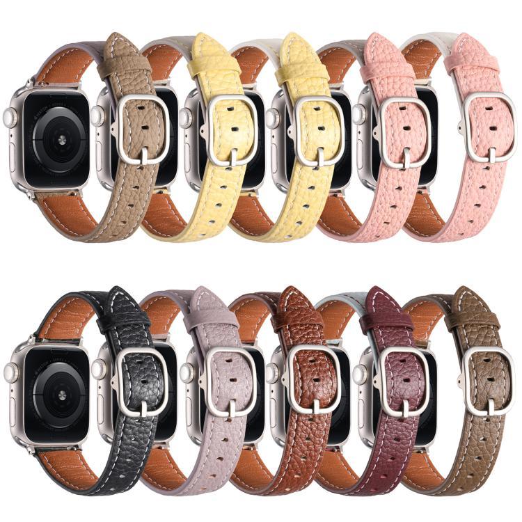Correia de Relógio em Pele Genuína com Textura Litchi e Fivela Quadrada, Para Apple Watch 46mm / 49mm / 45mm / 44mm, Para Apple Watch 42mm / 41mm / 40mm / 38mm