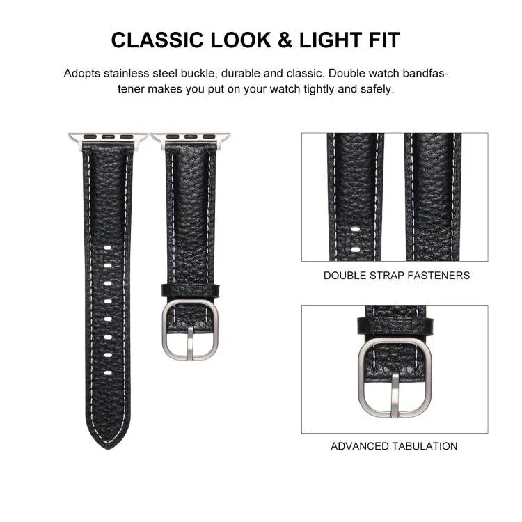 Correia de Relógio em Pele Genuína com Textura Litchi e Fivela Quadrada, Para Apple Watch 46mm / 49mm / 45mm / 44mm, Para Apple Watch 42mm / 41mm / 40mm / 38mm