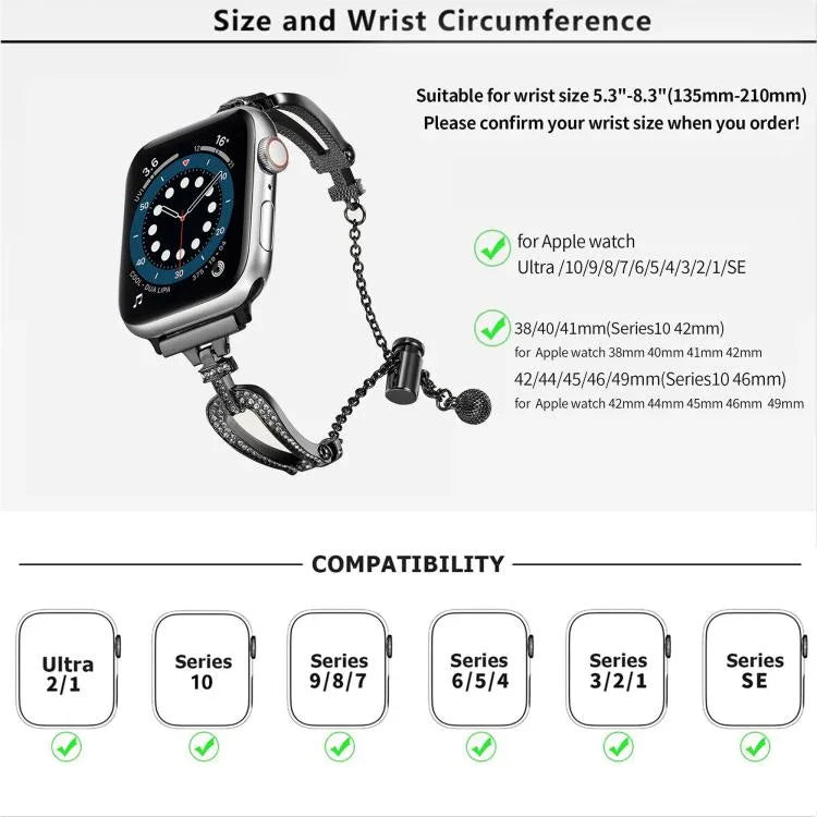 Pulseira de Relógio em Liga de Zinco com Bracelete em Forma de U e Diamantes, Para Apple Watch 46mm / 49mm / 45mm / 44mm, Para Apple Watch 42mm / 41mm / 40mm / 38mm