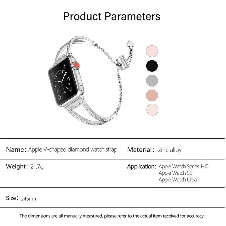 Pulseira de Relógio em Liga de Zinco com Diamantes em Forma de V, Para Apple Watch 46mm / 49mm / 45mm / 44mm, Para Apple Watch 42mm / 41mm / 40mm / 38mm
