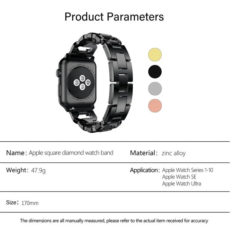 Pulseira de Relógio em Liga de Zinco com Diamantes Quadrados, Para Apple Watch 46mm / 49mm / 45mm / 44mm, Para Apple Watch 42mm / 41mm / 40mm / 38mm