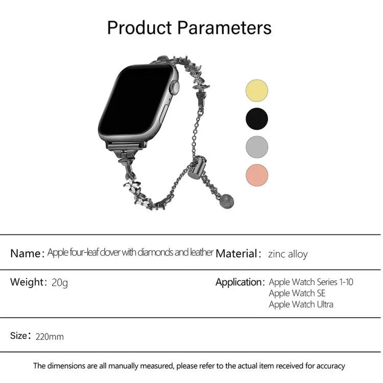 Pulseira de Relógio em Liga de Zinco com Trevo de Quatro Folhas e Diamantes, Para Apple Watch 46mm / 49mm / 45mm / 44mm, Para Apple Watch 42mm / 41mm / 40mm / 38mm
