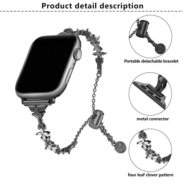 Pulseira de Relógio em Liga de Zinco com Trevo de Quatro Folhas e Diamantes, Para Apple Watch 46mm / 49mm / 45mm / 44mm, Para Apple Watch 42mm / 41mm / 40mm / 38mm