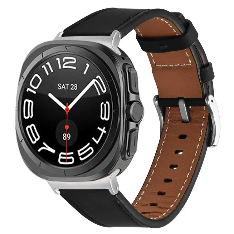 Pulseira de Relógio em Couro Nappa Genuíno com Fivela Prateada, Para Samsung Galaxy Watch Ultra 47mm / Ultra 2025