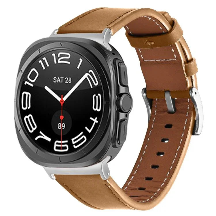 Pulseira de Relógio em Couro Nappa Genuíno com Fivela Prateada, Para Samsung Galaxy Watch Ultra 47mm / Ultra 2025