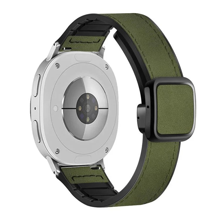 Bracelete de Silicone com Pele de Couro e Fivela Quadrada Magnética, para Samsung Galaxy Watch8 / Watch8 Classic