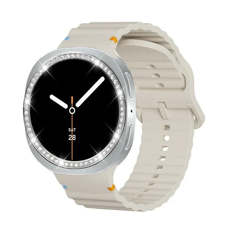 Correia de Silicone com Bisel de Diamante e Fivela Colorida com Grão Ondulado e Costura, Para Samsung Galaxy Watch8 44mm, Para Samsung Galaxy Watch8 40mm