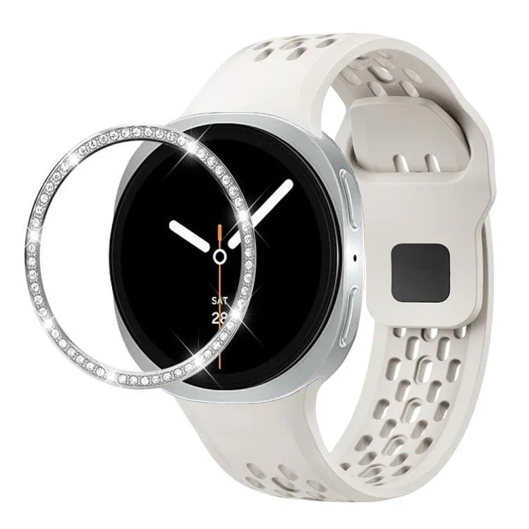 Correia de Silicone com Bisel de Diamante e Fivela Reversa Preta, Para Samsung Galaxy Watch8 44mm, Para Samsung Galaxy Watch8 40mm