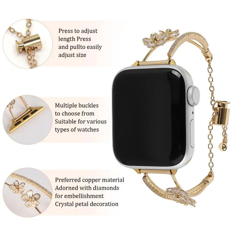 Pulseira de Relógio com Pulseira de Zircónio e Flor de 5 Pétalas Incrustada em Cobre, Para Apple Watch 46mm / 49mm / 45mm / 44mm, Para Apple Watch 42mm / 41mm / 40mm / 38mm