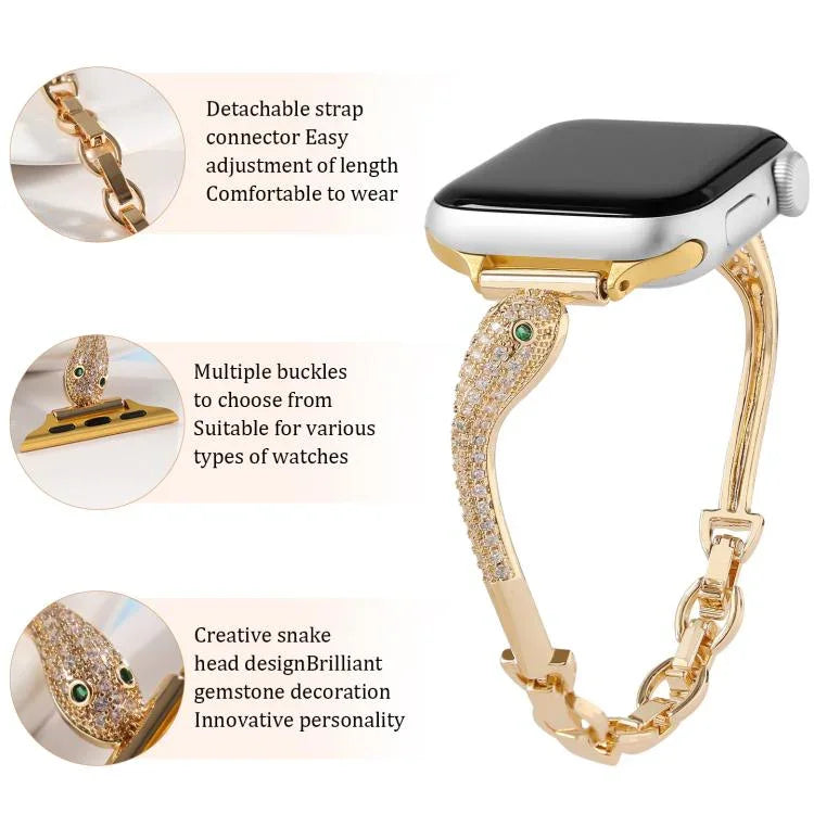Pulseira de Relógio com Cabeça de Cobra em Zircão Incrustado em Cobre, Para Apple Watch 46mm / 49mm / 45mm / 44mm, Para Apple Watch 42mm / 41mm / 40mm / 38mm