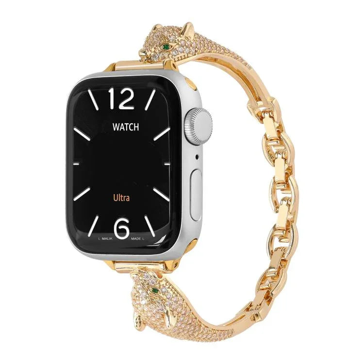 Pulseira de Relógio com Cabeça de Leopardo em Zircão Incrustado em Cobre, Para Apple Watch 46mm / 49mm / 45mm / 44mm, Para Apple Watch 42mm / 41mm / 40mm / 38mm