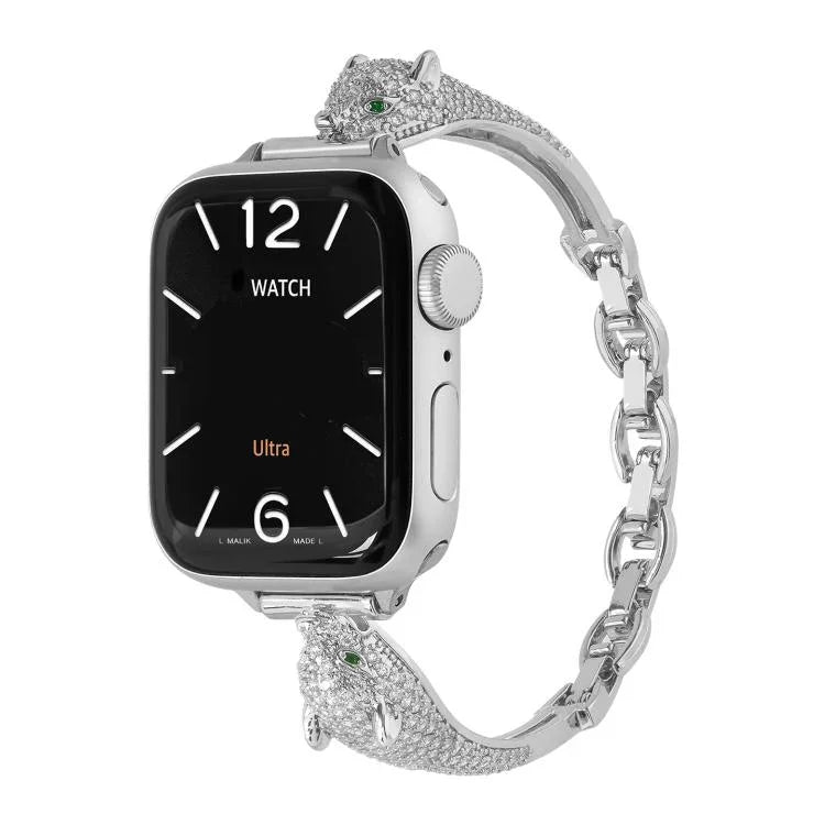Pulseira de Relógio com Cabeça de Leopardo em Zircão Incrustado em Cobre, Para Apple Watch 46mm / 49mm / 45mm / 44mm, Para Apple Watch 42mm / 41mm / 40mm / 38mm
