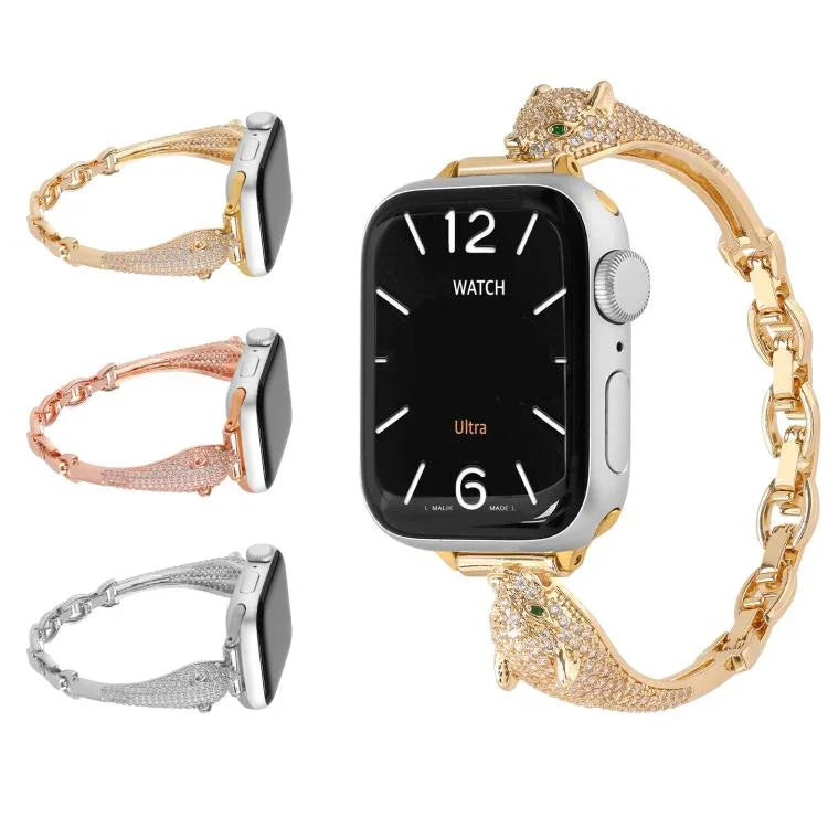Pulseira de Relógio com Cabeça de Leopardo em Zircão Incrustado em Cobre, Para Apple Watch 46mm / 49mm / 45mm / 44mm, Para Apple Watch 42mm / 41mm / 40mm / 38mm