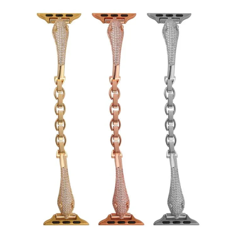 Pulseira de Relógio com Cabeça de Leopardo em Zircão Incrustado em Cobre, Para Apple Watch 46mm / 49mm / 45mm / 44mm, Para Apple Watch 42mm / 41mm / 40mm / 38mm