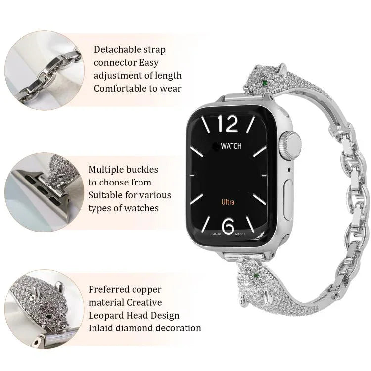 Pulseira de Relógio com Cabeça de Leopardo em Zircão Incrustado em Cobre, Para Apple Watch 46mm / 49mm / 45mm / 44mm, Para Apple Watch 42mm / 41mm / 40mm / 38mm
