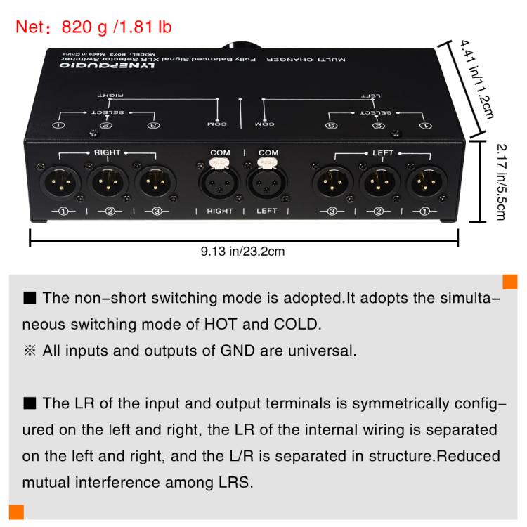 Selector de Sinal Totalmente Balanceado 1 Entrada 3 Saídas, Selector de Linha Balanceada de 3 Canais, Sem Necessidade de Fonte de Alimentação Externa, Comutação Sem Perdas, B073