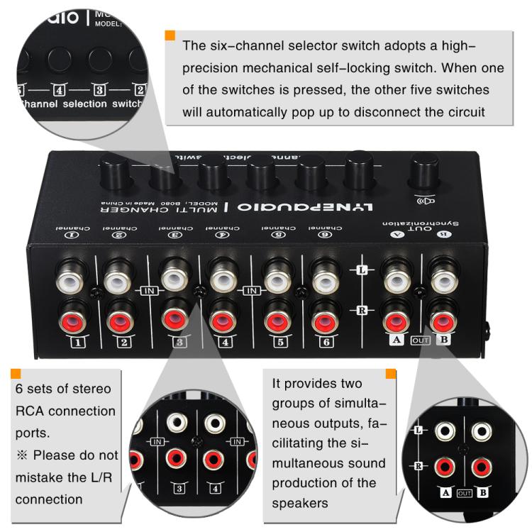 Selector de Sinal de Áudio 6 Entradas 2 Saídas, Comutador de Áudio, Saída Síncrona de 2 Canais Interface RCA, B080