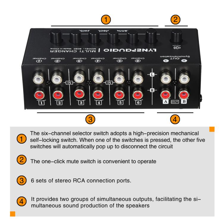 Selector de Sinal de Áudio 6 Entradas 2 Saídas, Comutador de Áudio, Saída Síncrona de 2 Canais Interface RCA, B080