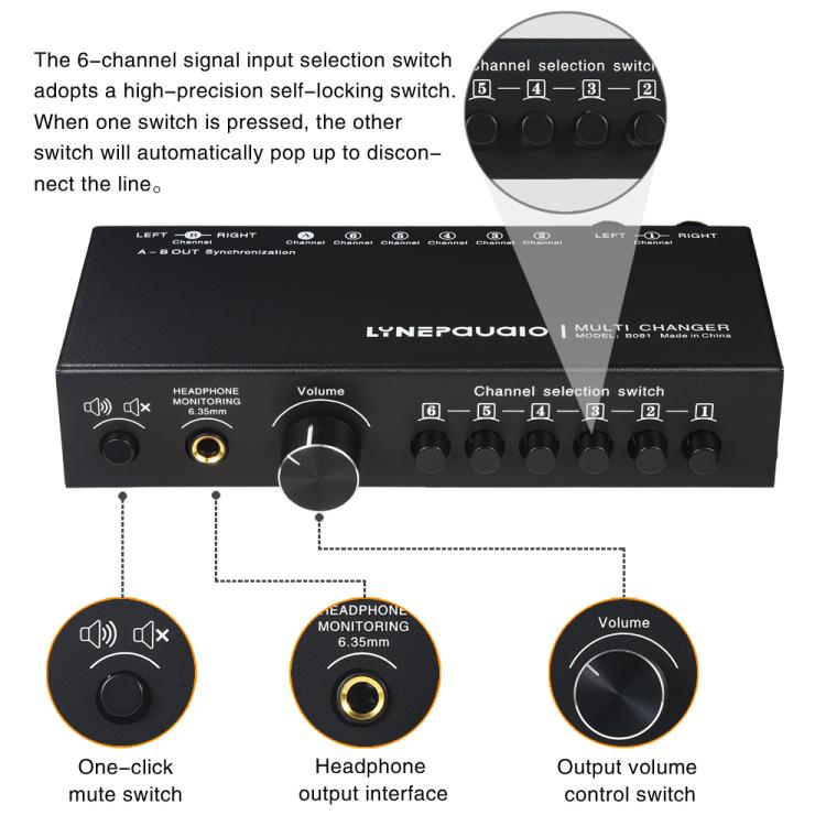 Selector Comutador de Sinal de Áudio 6 Entradas 3 Saídas, Comutador Multi-canal, Controlador de Volume de Coluna Ativo Passivo Totalmente Balanceado, Selector RCA, B081