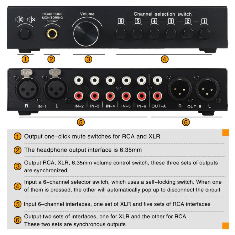 Selector Comutador de Sinal de Áudio 6 Entradas 3 Saídas, Comutador Multi-canal, Controlador de Volume de Coluna Ativo Passivo Totalmente Balanceado, Selector RCA, B081