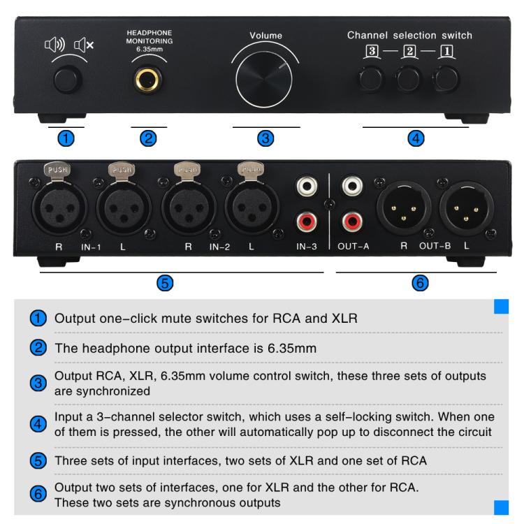 B082 3 Input 3 Output Audio Signal Selector Balanced Line Switcher, B082