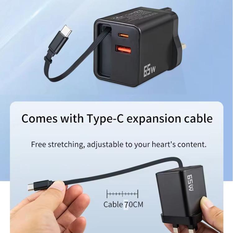 FC1 Cabo Retrátil 3 em 1 Tipo-C 70cm, PD3.0, QC3.0 Carregador USB para Telemóvel, Ficha Reino Unido