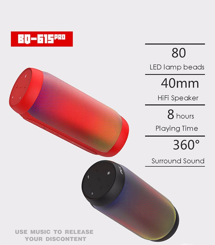 Coluna Estéreo HiFi Sem Fios LED Colorida BQ615 PRO, Combina Bluetooth + Leitor de Cartão TF + Rádio FM + AUX + NFC, BQ615 PRO