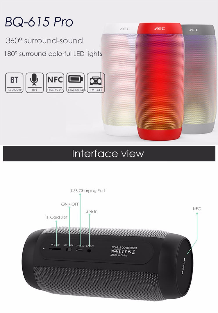 Coluna Estéreo HiFi Sem Fios LED Colorida BQ615 PRO, Combina Bluetooth + Leitor de Cartão TF + Rádio FM + AUX + NFC, BQ615 PRO
