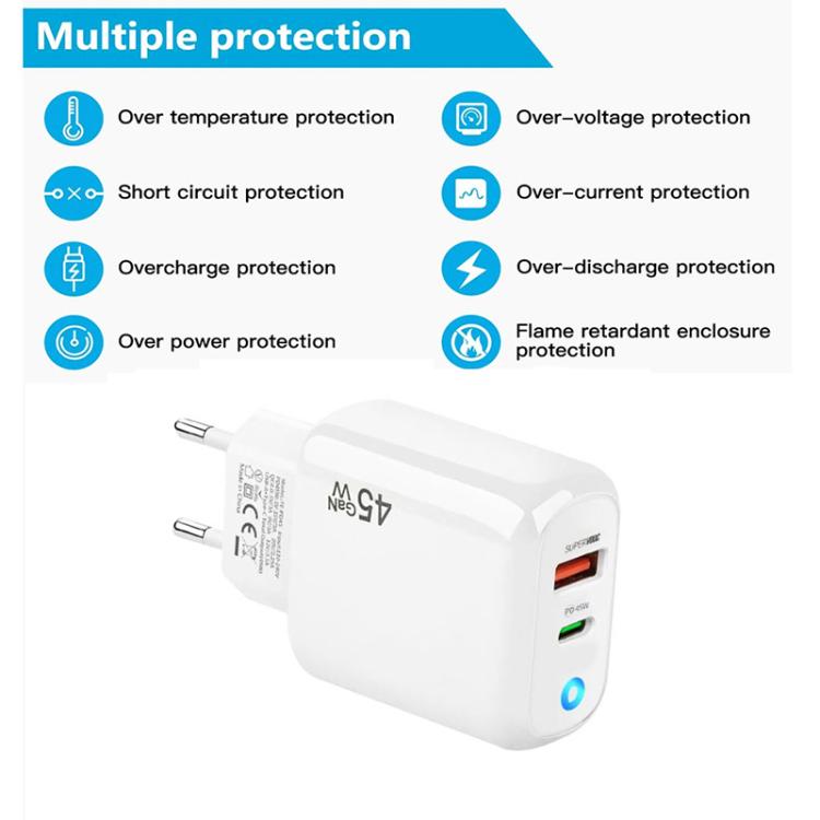 Carregador Compatível com Protocolo Completo GaN 45W PD3.0 + QC3.0 para Portáteis / Tablets, Ficha UE, Ficha UE