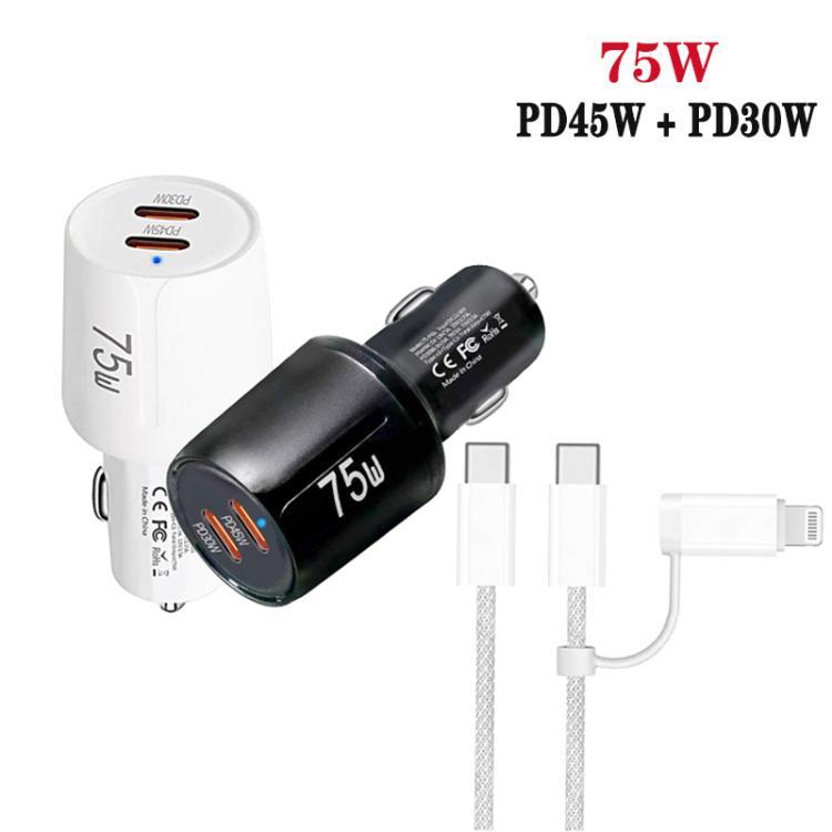 Carregador de Carro de Carregamento Rápido de Dupla Porta TE-P66 75W Tipo-C x 2 com Cabo de Dados Tipo-C para Tipo-C / 8 Pinos, TE-P66 com Cabo