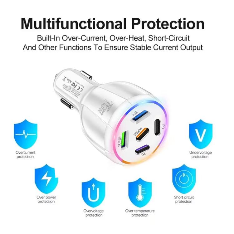 Carregador de Carro Multi Porta TE-P51 75W USB-C x 3 + USB x 2, TE-P51