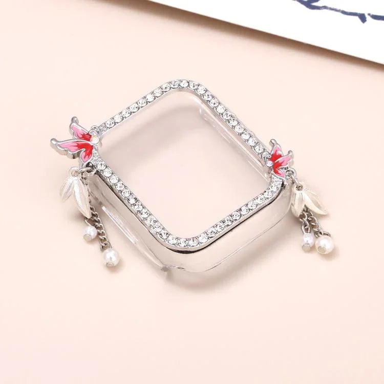 Capa de Relógio em PC Oca com Diamante Único e Borla Borboleta, Para Apple Watch Series 6 / 5 / 4 & SE 44mm, Para Apple Watch Series 6 / 5 / 4 & SE 40mm, Para Apple Watch Series 9 / 8 / 7 45mm, Para Apple Watch Series 9 / 8 / 7 41mm