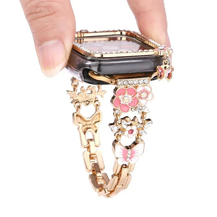 Kit de Pulseira com Caixa de Relógio Oca com Flor de Pendente e Diamante Único, Para Apple Watch Series 6 / 5 / 4 & SE 44mm, Para Apple Watch Series 6 / 5 / 4 & SE 40mm, Para Apple Watch Series 10 / 11 46mm, Para Apple Watch Series 10 / 11 42mm