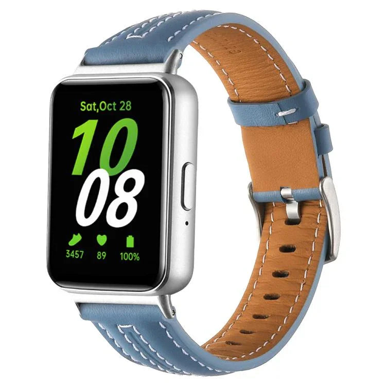 Correia de Relógio de Pele com Fivela de Pino Prateada Côncava, Para Samsung Galaxy Fit 3