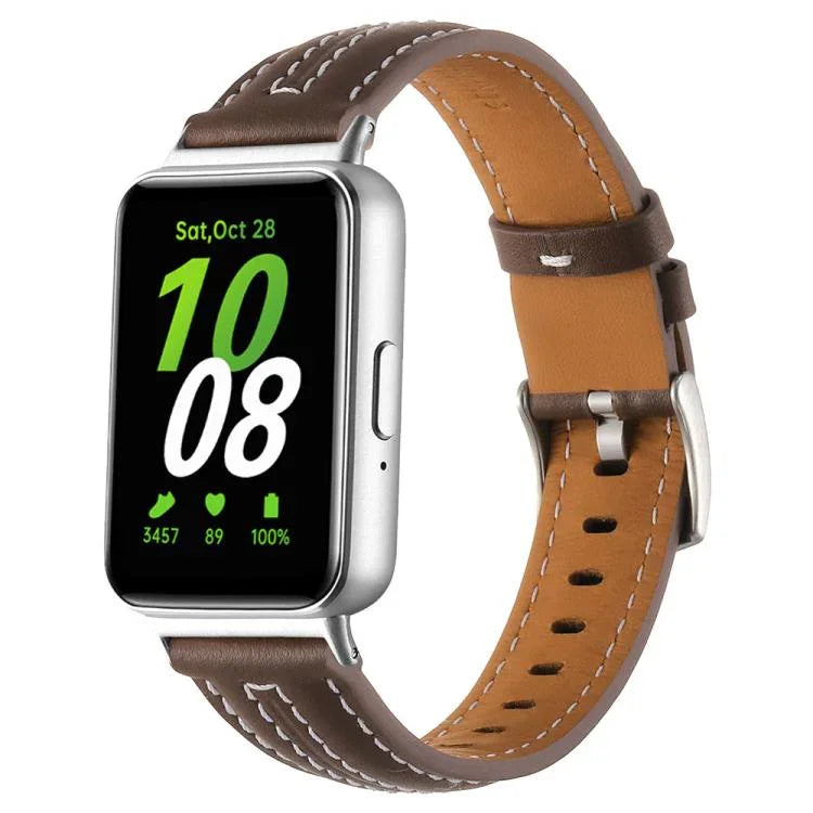 Correia de Relógio de Pele com Fivela de Pino Prateada Côncava, Para Samsung Galaxy Fit 3