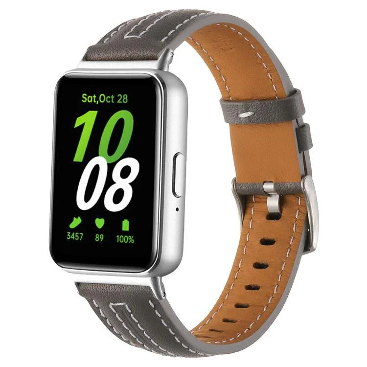 Correia de Relógio de Pele com Fivela de Pino Prateada Côncava, Para Samsung Galaxy Fit 3
