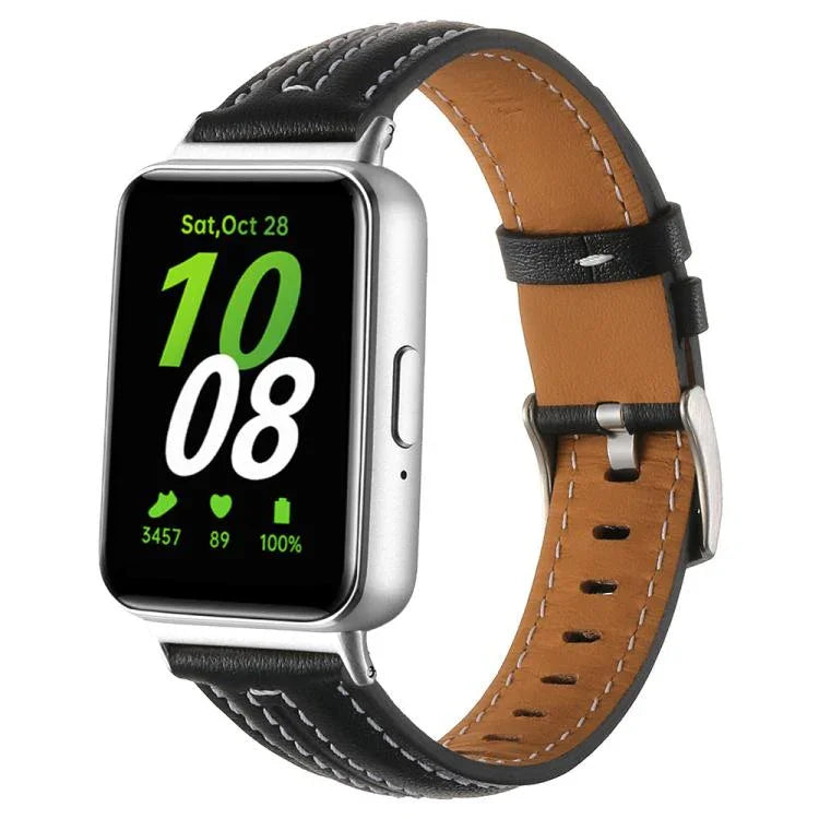 Correia de Relógio de Pele com Fivela de Pino Prateada Côncava, Para Samsung Galaxy Fit 3