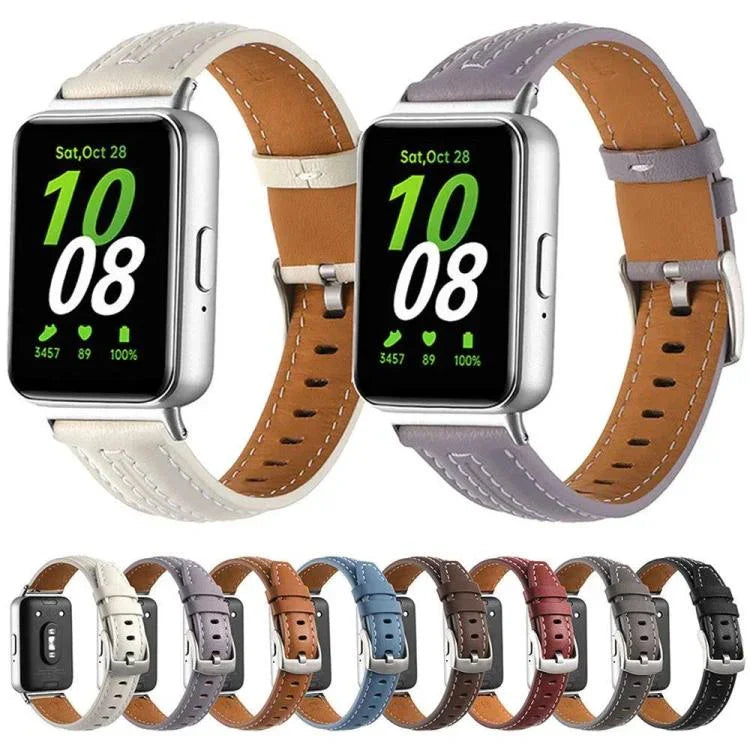Correia de Relógio de Pele com Fivela de Pino Prateada Côncava, Para Samsung Galaxy Fit 3
