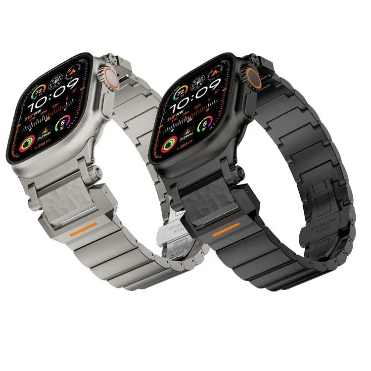 Correia de Relógio em Liga de Titânio com Cabeça em Aço Inoxidável e Fivela Borboleta com Padrão Martelado e Uma Conta, Para Apple Watch 46mm / 49mm / 45mm / 44mm