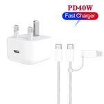 Carregador A3365 PD40W USB-C / Type-C com Cabo de Dados Type-C para Type-C / 8 Pinos, Ficha UK, Ficha UK + Cabo 2 em 1 de 1m