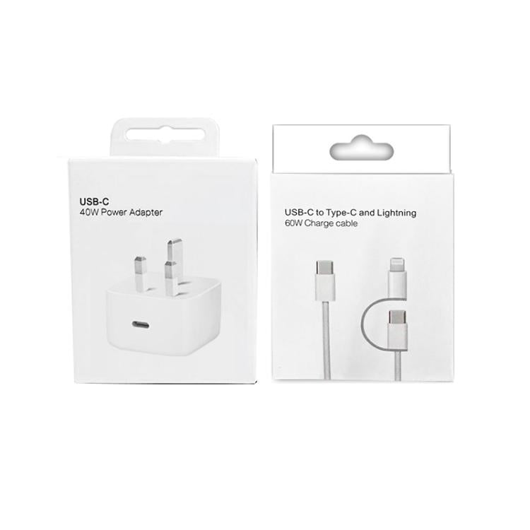 Carregador A3365 PD40W USB-C / Type-C com Cabo de Dados Type-C para Type-C / 8 Pinos, Ficha UK, Ficha UK + Cabo 2 em 1 de 1m
