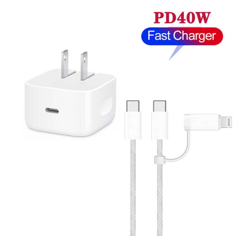 Carregador A3365 PD40W USB-C / Type-C com Cabo de Dados Type-C para Type-C / 8 Pinos, Ficha US, Ficha US + Cabo 2 em 1 de 1m