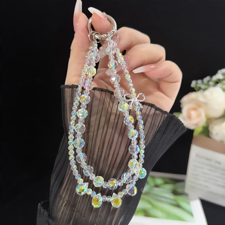 Corrente de Telemóvel Dupla Camada com Cristais e Laço Brilhante de Liga, Cristal Oval, Cristal Redondo Almofadado, Cristal de Roda, Cristal Cubo de Açúcar, Cristal Bola de Flor, Cristal Morango