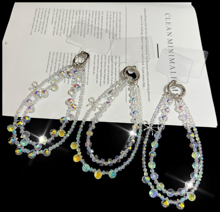 Corrente de Telemóvel Dupla Camada com Cristais e Laço Brilhante de Liga, Cristal Oval, Cristal Redondo Almofadado, Cristal de Roda, Cristal Cubo de Açúcar, Cristal Bola de Flor, Cristal Morango