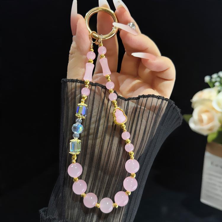Elegant Gourd Bamboo Jade Beaded Phone Chain, Pink, White, Green