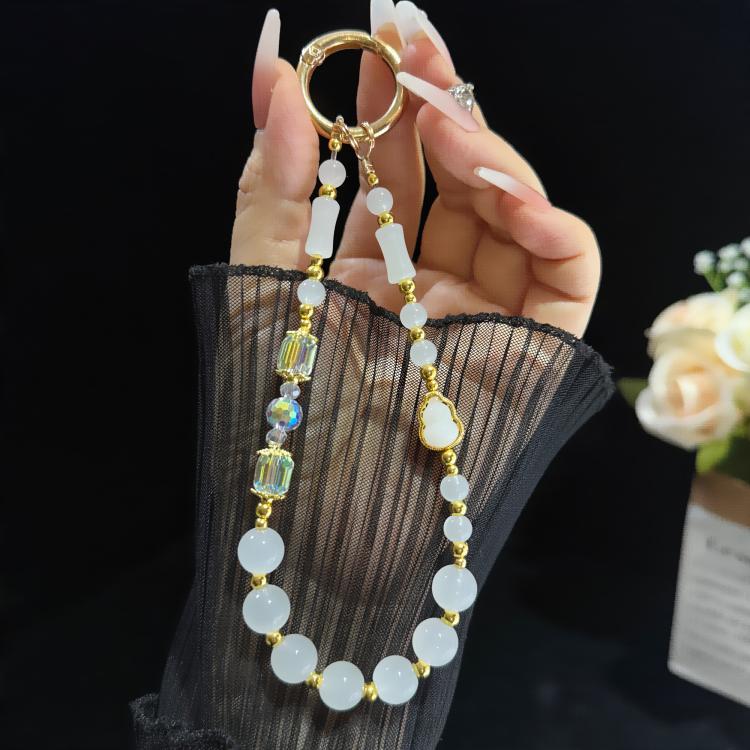 Elegant Gourd Bamboo Jade Beaded Phone Chain, Pink, White, Green
